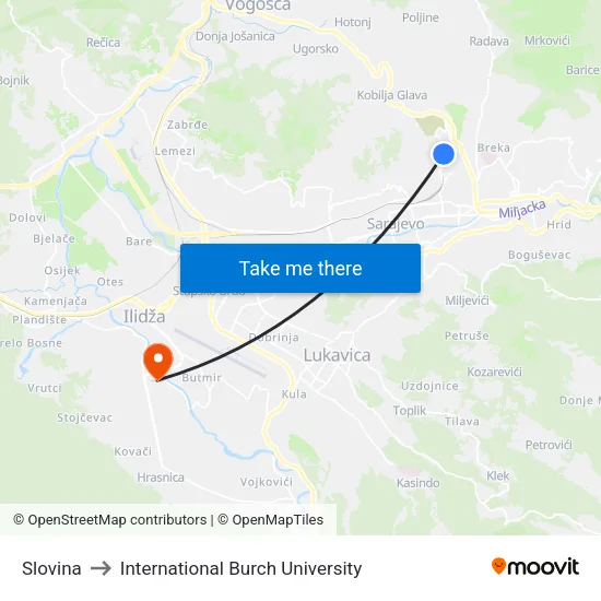 Slovina to International Burch University map