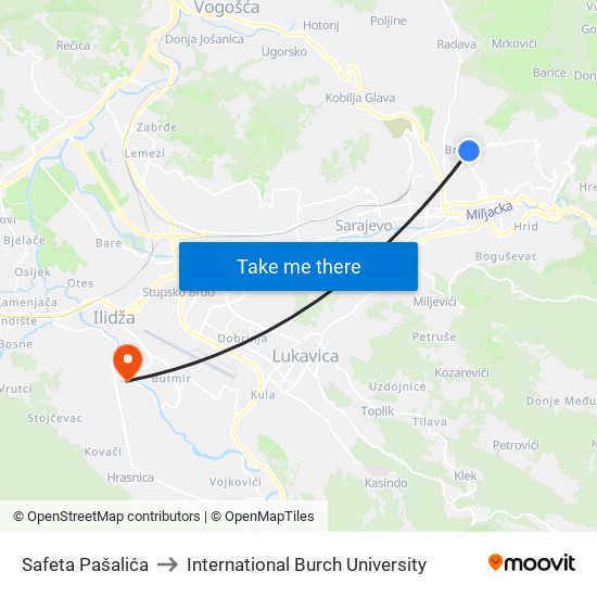 Safeta Pašalića to International Burch University map