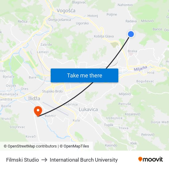 Filmski Studio to International Burch University map