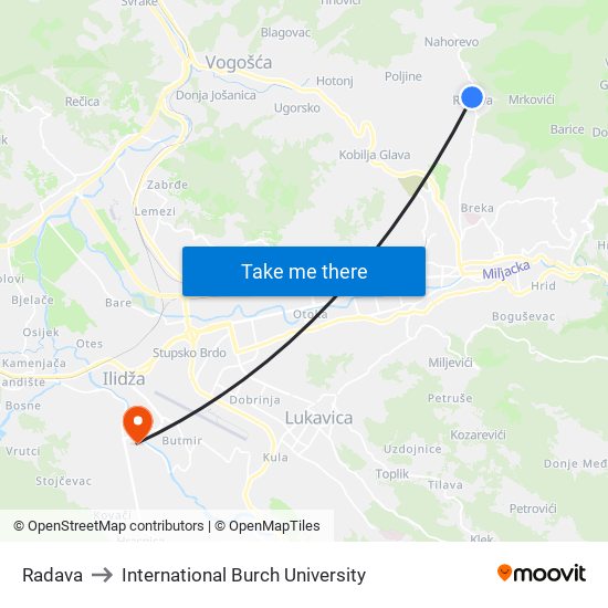 Radava to International Burch University map