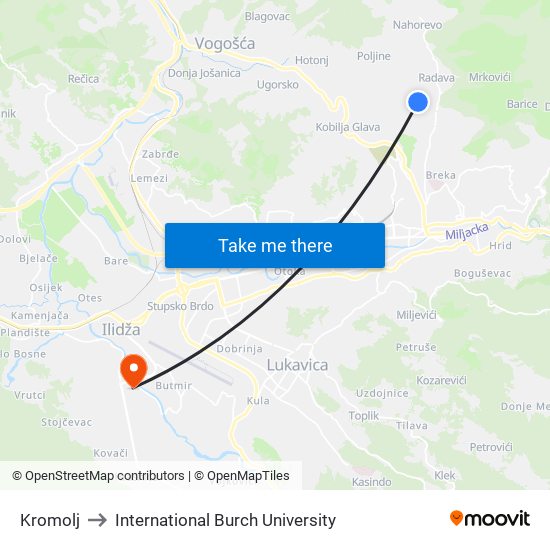 Kromolj to International Burch University map