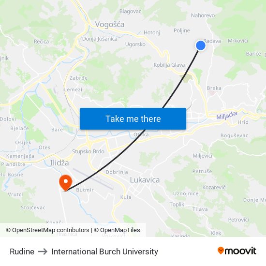 Rudine to International Burch University map