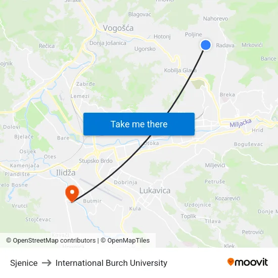 Sjenice to International Burch University map