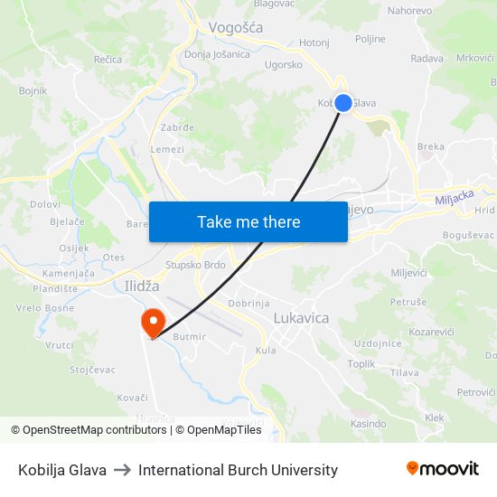 Kobilja Glava to International Burch University map