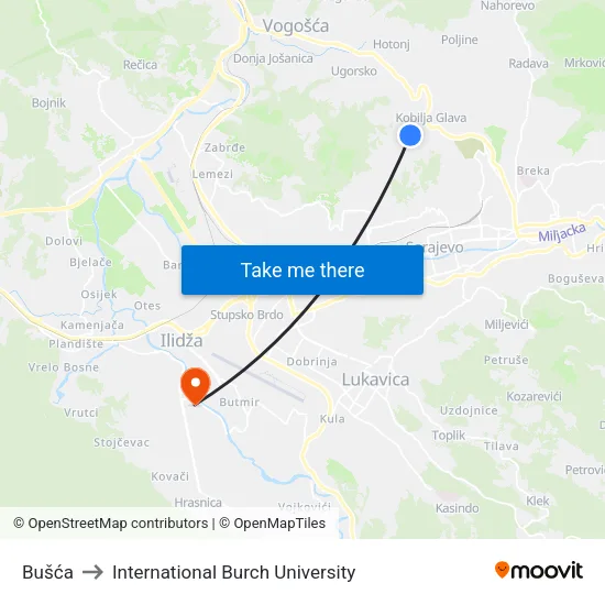 Bušća to International Burch University map