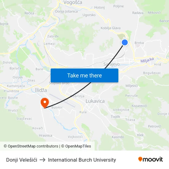 Donji Velešići to International Burch University map