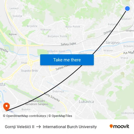 Gornji Velešići II to International Burch University map