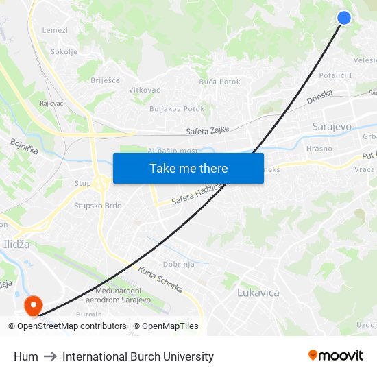 Hum to International Burch University map