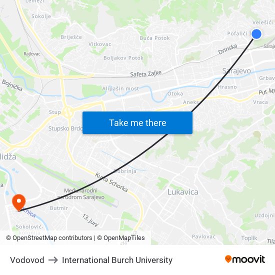 Vodovod to International Burch University map