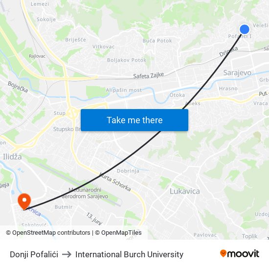 Donji Pofalići to International Burch University map