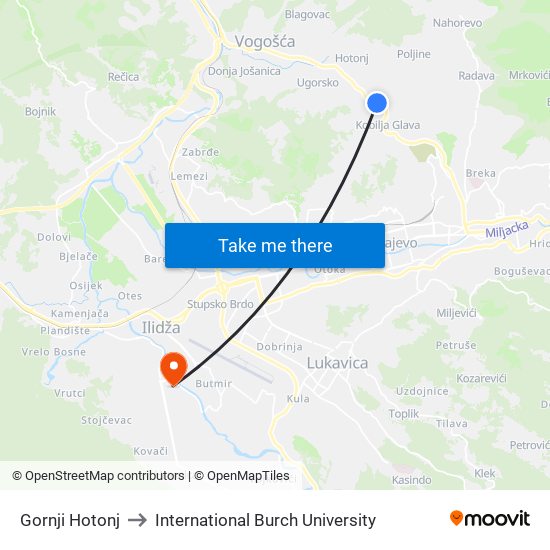 Gornji Hotonj to International Burch University map