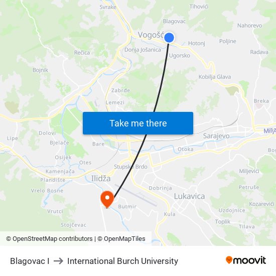 Blagovac I to International Burch University map