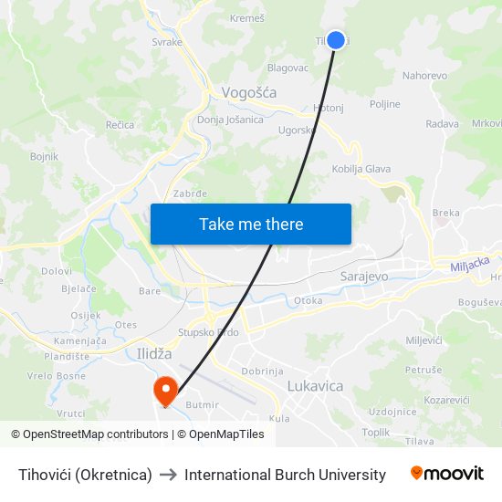 Tihovići (Okretnica) to International Burch University map