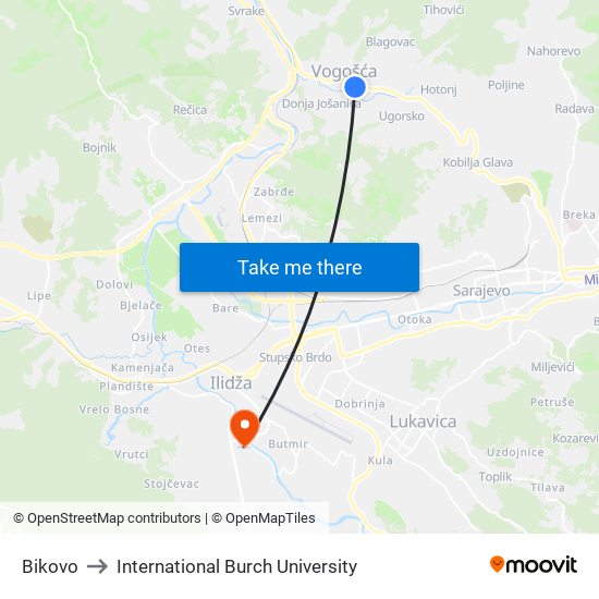 Bikovo to International Burch University map