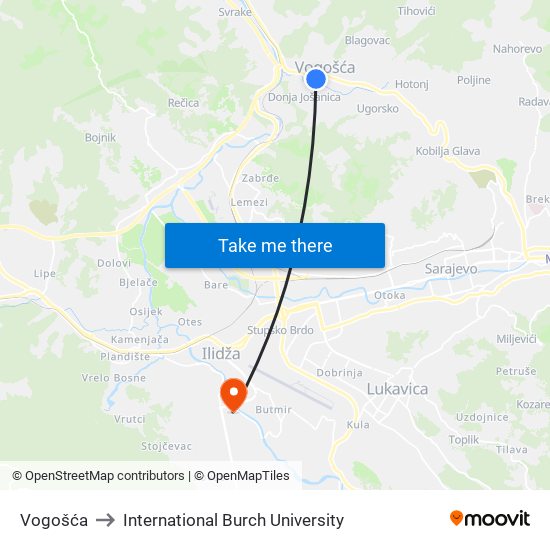 Vogošća to International Burch University map