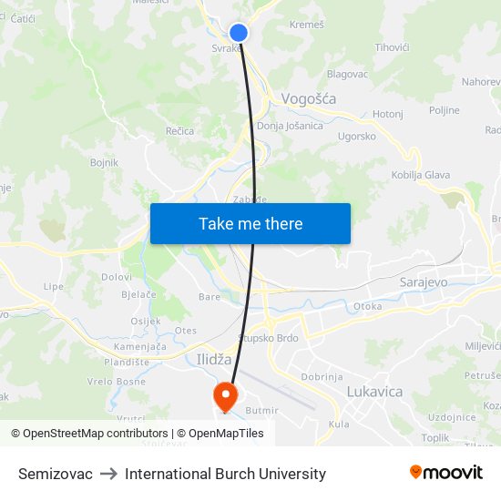 Semizovac to International Burch University map