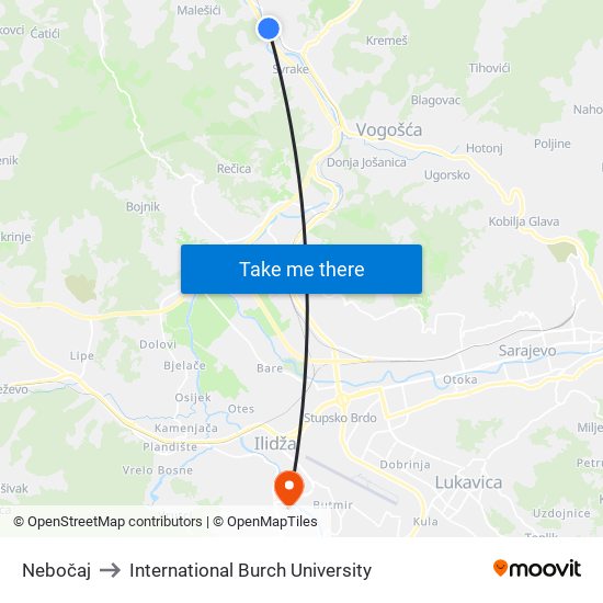Nebočaj to International Burch University map