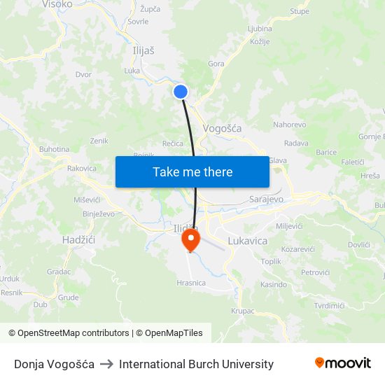 Donja Vogošća to International Burch University map