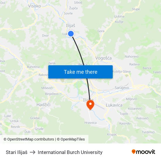 Stari Ilijaš to International Burch University map