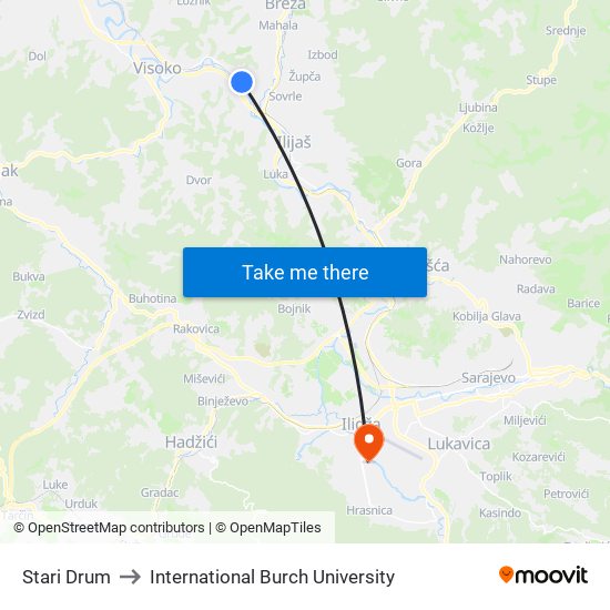 Stari Drum to International Burch University map