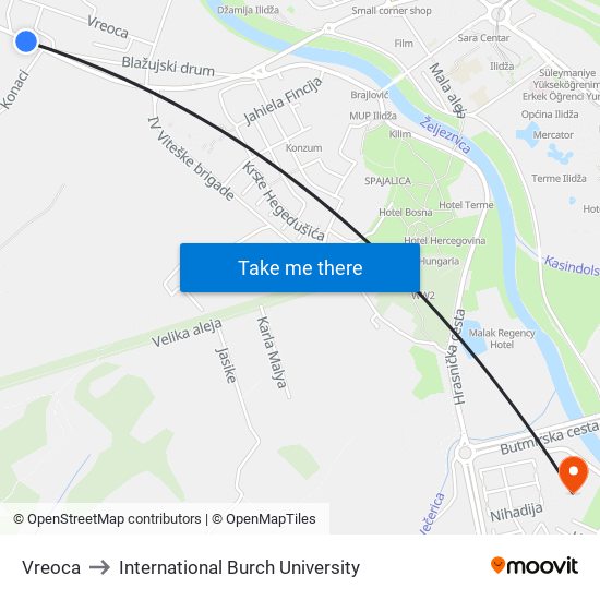 Vreoca to International Burch University map