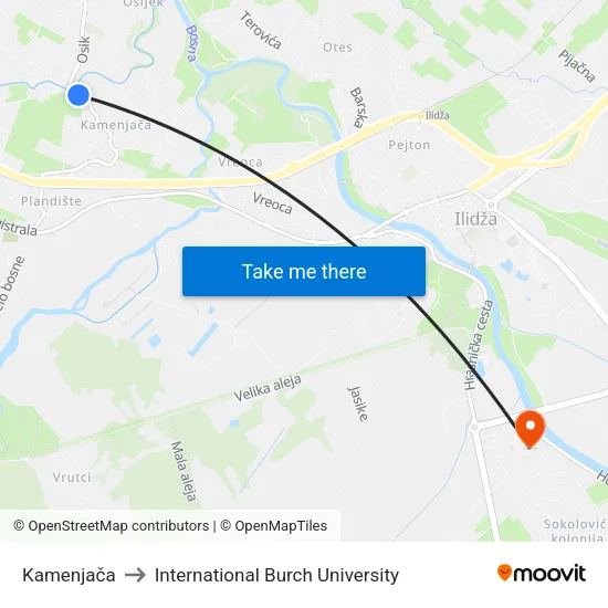 Kamenjača to International Burch University map