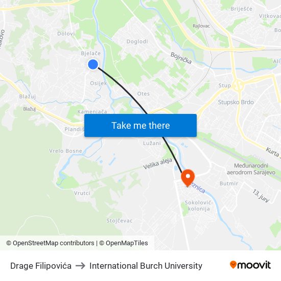 Drage Filipovića to International Burch University map