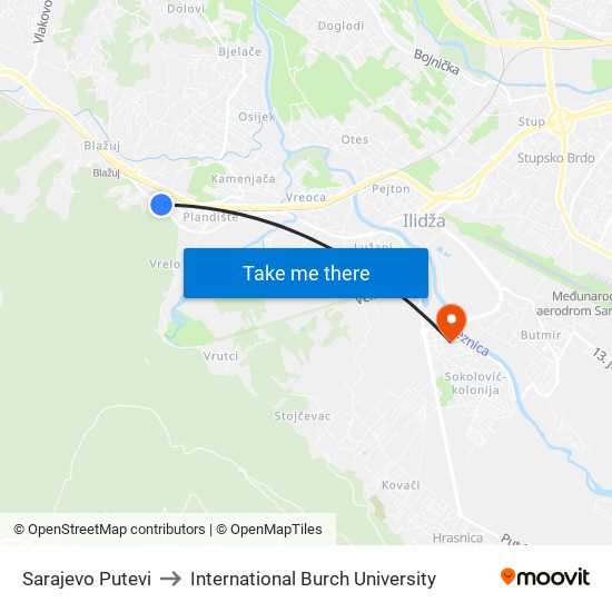 Sarajevo Putevi to International Burch University map