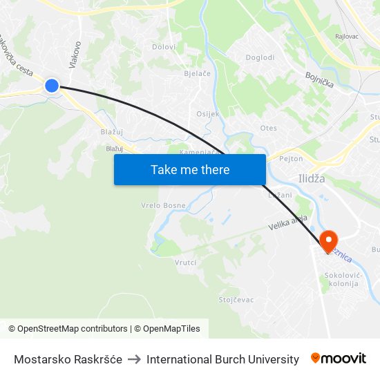 Mostarsko Raskršće to International Burch University map