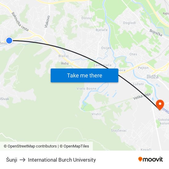 Šunji to International Burch University map