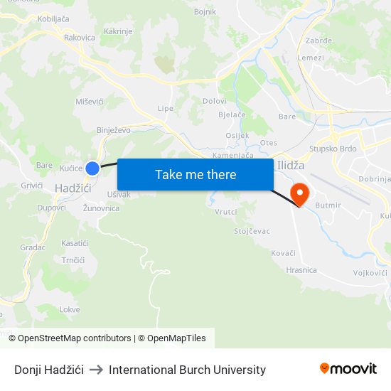 Donji Hadžići to International Burch University map