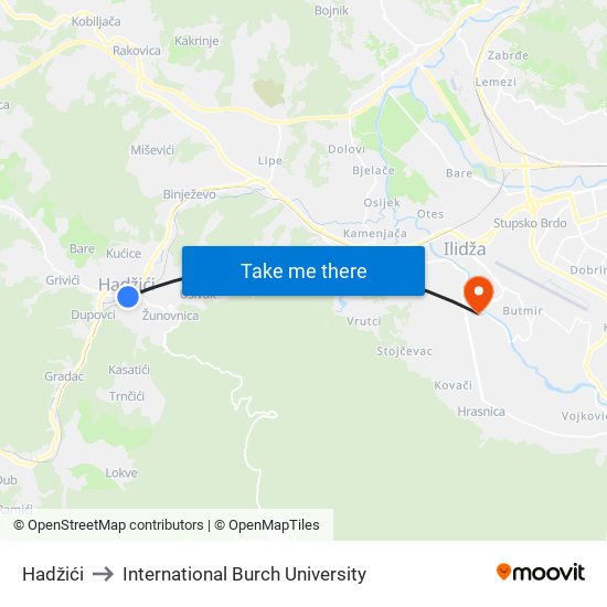 Hadžići to International Burch University map