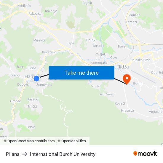 Pilana to International Burch University map