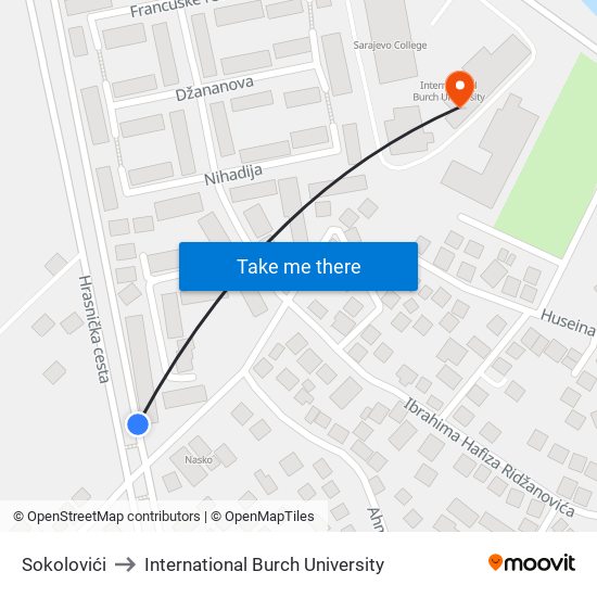 Sokolovići to International Burch University map