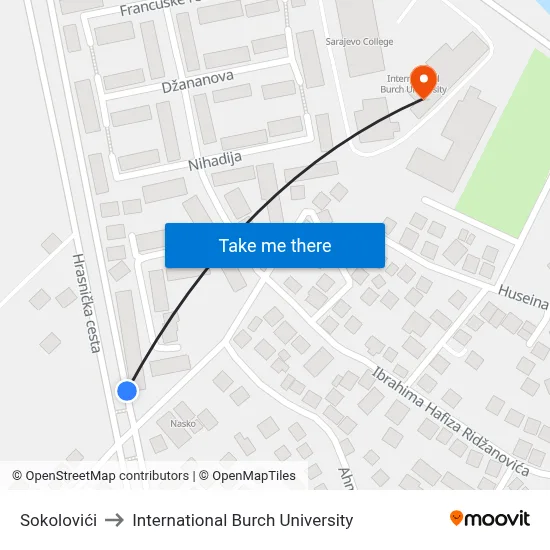 Sokolovići to International Burch University map