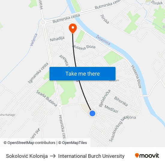 Sokolović Kolonija to International Burch University map