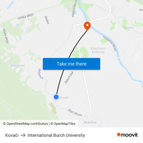 Kovači to International Burch University map