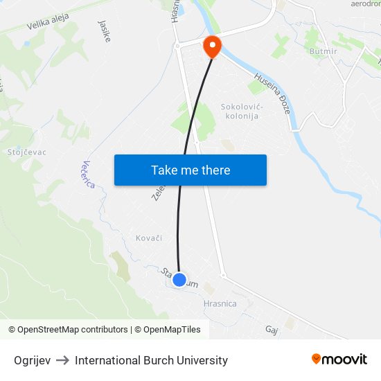 Ogrijev to International Burch University map