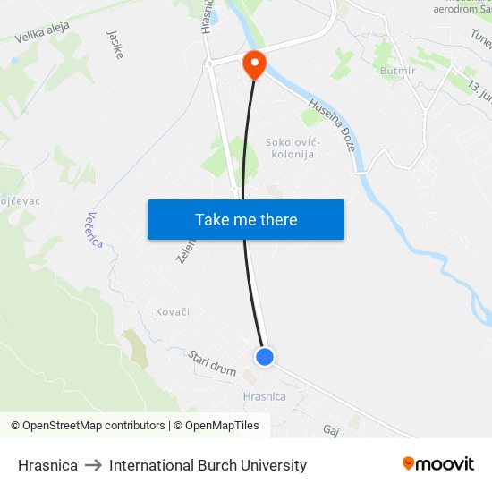Hrasnica to International Burch University map