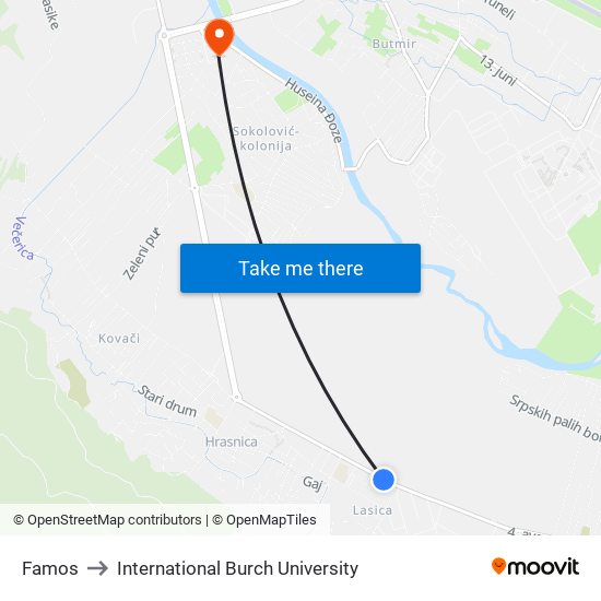Famos to International Burch University map