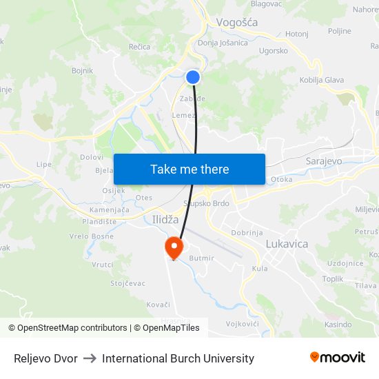 Reljevo Dvor to International Burch University map