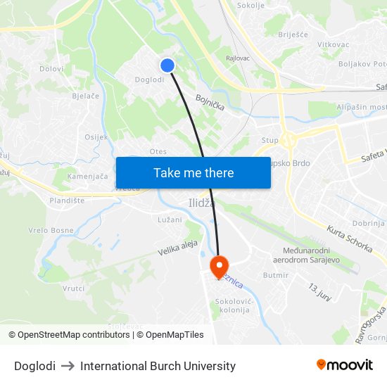 Doglodi to International Burch University map
