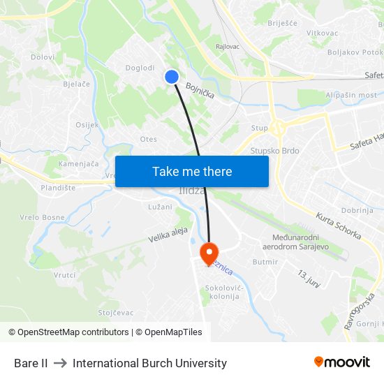 Bare II to International Burch University map