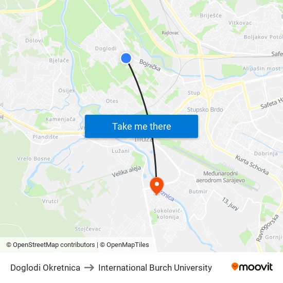 Doglodi Okretnica to International Burch University map