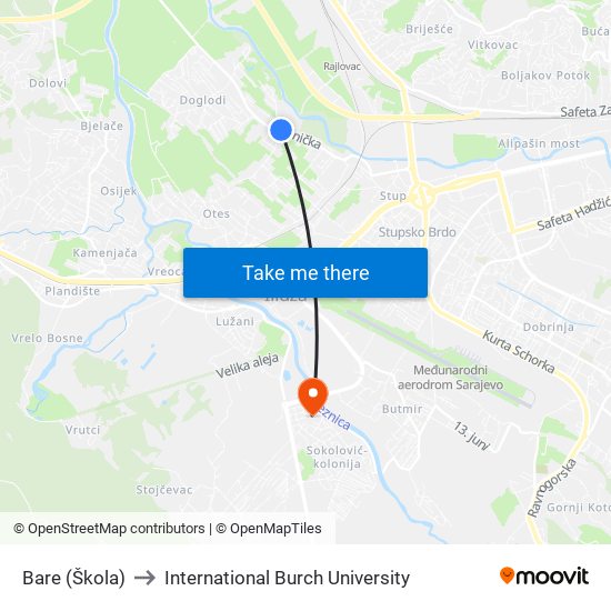 Bare (Škola) to International Burch University map