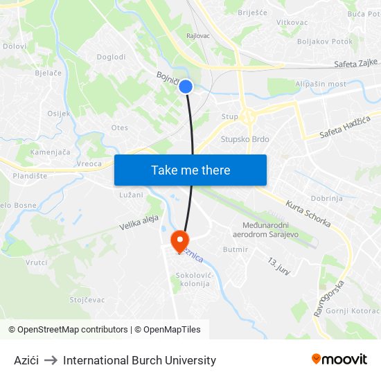 Azići to International Burch University map