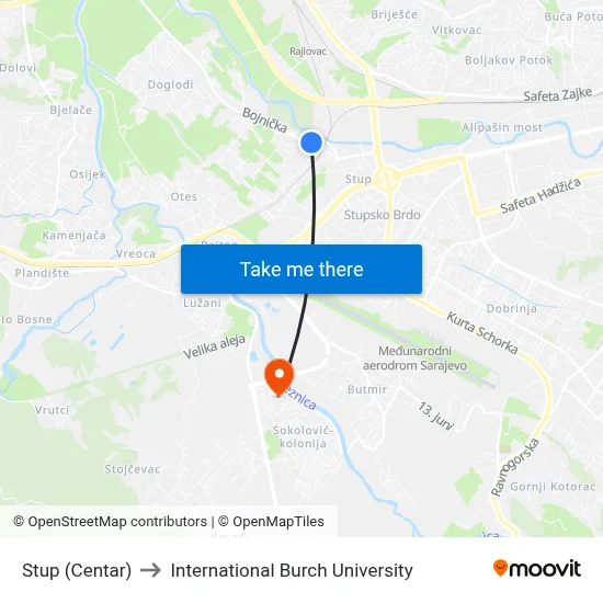 Stup (Centar) to International Burch University map