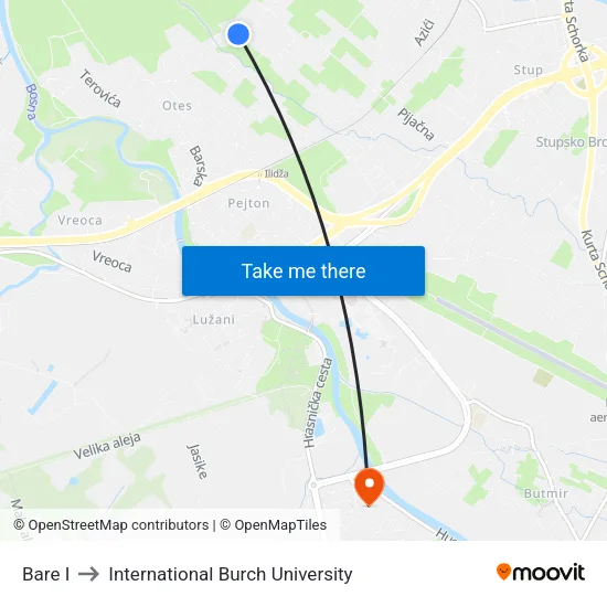 Bare I to International Burch University map