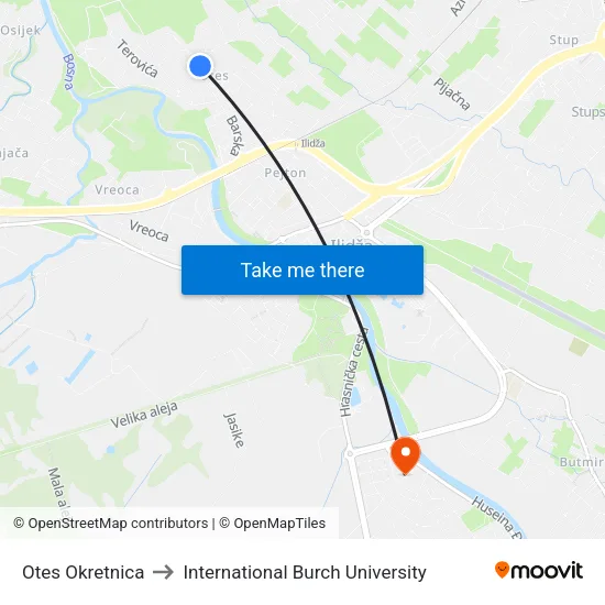 Otes Okretnica to International Burch University map