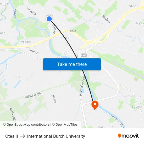 Otes II to International Burch University map